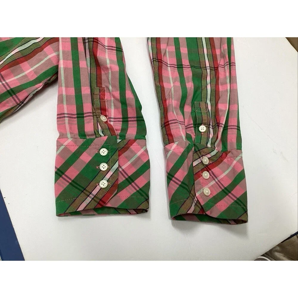 j crew tie waist poplin shirt dress sz 6 stretch cotton pink/green plaid